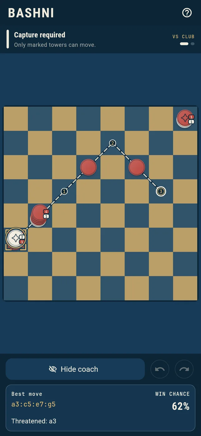 Bashni Coach showing a multi-jump route, tactical threat, and win estimate